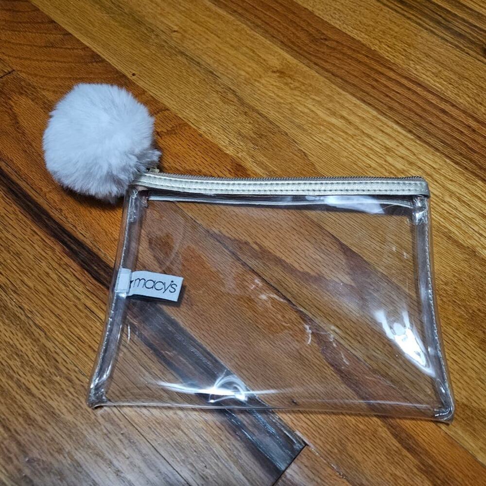 Macy's Clear Makeup Cosmetics Bag with White Pom Pom accent